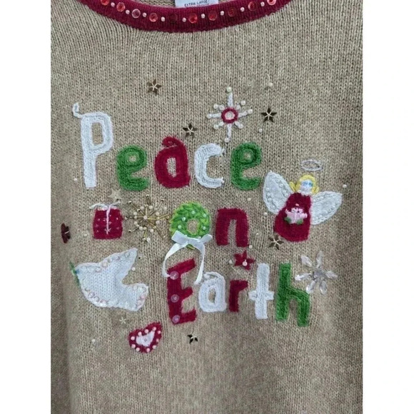 Peace on Earth Holiday knit sweater, sequins, beads, tan with red detail T5 - Picture 6 of 6